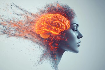Depression Brain stimulation Dynamic profile of a woman with her brain exploding into fiery particles representing the impact of knowledge stress or cognitive overload in a conceptual art style