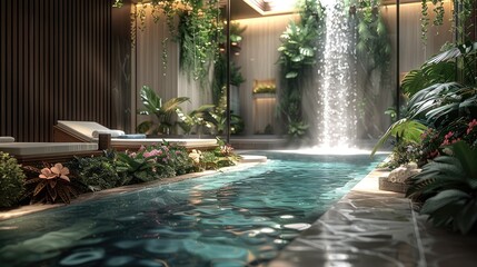 A luxurious and opulent spa, blending natural elements with refined elegance. The spa features serene water elements like gently flowing streams and tranquil pools. Generative AI.