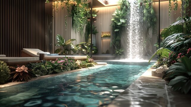 A luxurious and opulent spa, blending natural elements with refined elegance. The spa features serene water elements like gently flowing streams and tranquil pools. Generative AI.