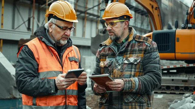 An engineering manager showing a foreman project updates on a tablet, both in safety vests and helmets, amidst construction equipment
