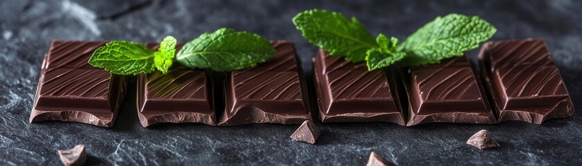 Dark chocolate pieces arranged with fresh mint leaves, brain-stimulating treat, indulgent and healthy snack