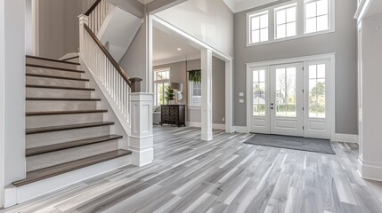 A modern farmhouse style foyer with gray LVP flooring. The walls are also painted gray. Generative AI.