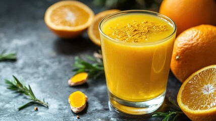 Fototapeta premium Freshly squeezed orange juice with a sprinkle of turmeric, brain-boosting drink, vibrant and healthy
