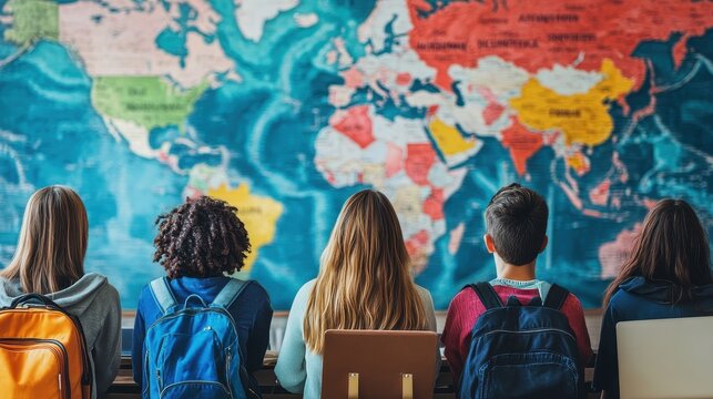 Diverse Students Exploring the World Map