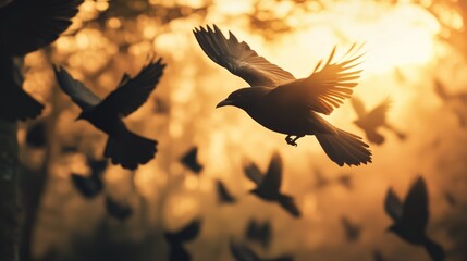 Obraz premium A flock of birds takes flight at sunset over a tranquil forest landscape, painting the sky with warmth and shadows