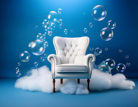  White Armchair Surrounded by Soap Bubbles and Foam Clouds on Blue Background- A white armch_1(382)