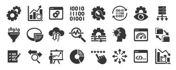 Data analytics glyph solid icons collection. Containing analysis, monitoring, report, data filter. Minimal icon and symbol series vector illustration
