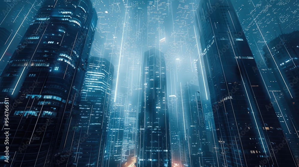 Aufkleber technology, city, data. smart city with wireless network connection and cityscape. generative ai.