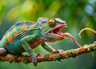 Fototapeta premium A chameleon photo captures the moment its long, sticky tongue shoots out to snatch unsuspecting insects for a meal.