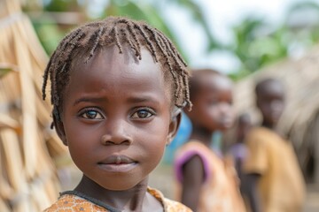 Portrait of African Child with Braided Hair in Rural Village