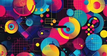 Obraz premium A vibrant abstract design featuring colorful circles, geometric shapes, and dynamic lines, creating a modern visual composition.