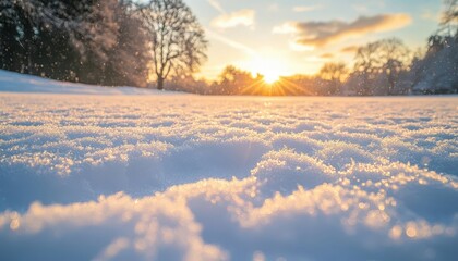Snow-covered meadows at sunset, with the sun casting a warm glow on the frosty ground, creating a serene winter scene, Serene, Warm Tones, Wide Angle