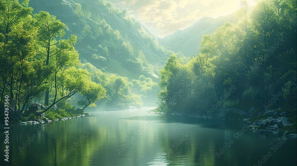 Poster A tranquil river winding through a dense forest at the base of a mountain range, with soft sunlight filtering through. Generative AI.