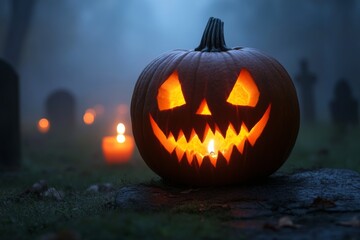 Naklejka premium Glowing Halloween Pumpkin In Misty Graveyard, Candles Illuminate Spooky Autumn Atmosphere