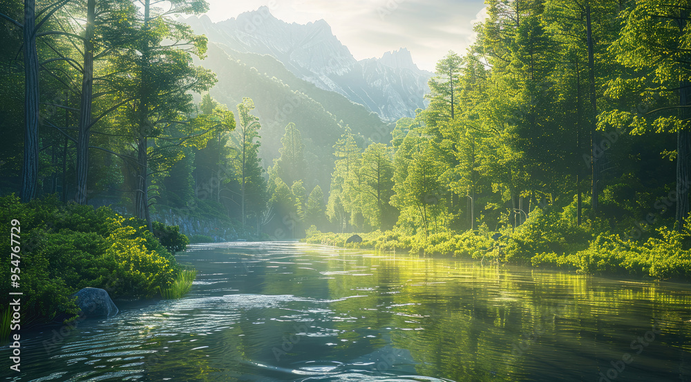 Poster A tranquil river winding through a dense forest at the base of a mountain range, with soft sunlight filtering through. Generative AI.