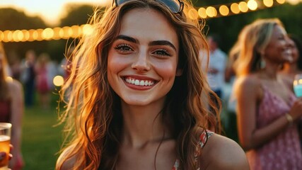 A group of friends at a backyard party, centered around a beautiful woman with a joyful smile, as everyone enjoys drinks and each other's company.