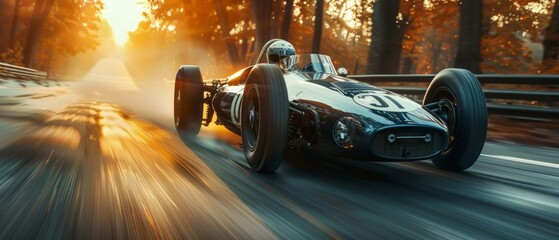 A vintage Formula One car races through autumn trees on a forest road, evoking speed and nostalgia. Adrenaline and beauty blend in a professional racing setting.