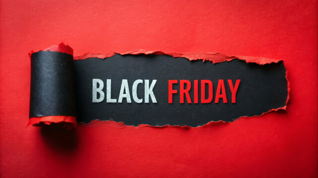Black Friday Sale Announcement On Torn Red Paper Background