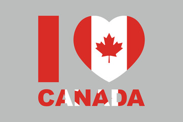 I love Canada Word with heart shape, National Canada flag, vector illustration of Canada flag, National flag of Canada, Happy Canada Day, Canada leaf, Red maple leaf
