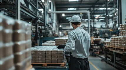 Fototapeta premium Warehouse Worker Handling Cargo in a Large Industrial Facility