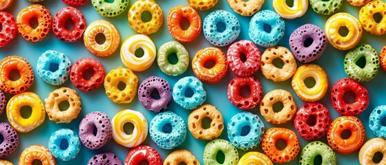Colorful cereal loops on a blue background create a vibrant and lively image. Loops in various colors are scattered, adding to the chaotic yet appealing composition.