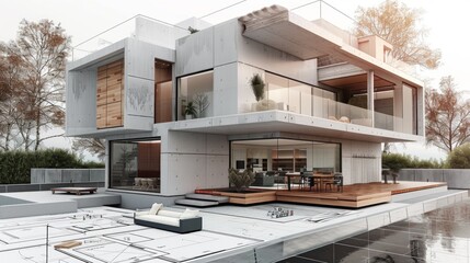 3D rendering of a modern house by a lake with concrete structure, open deck, and glass walls. Serene atmosphere with wireframe and floor plan included.