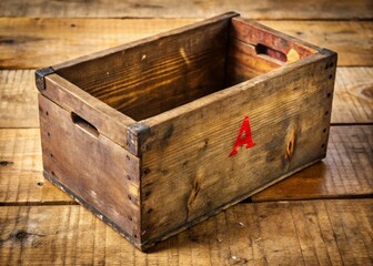 Photo image of a worn brown wooden box with a small, faded label bearing the initials "M.A." in red ink.