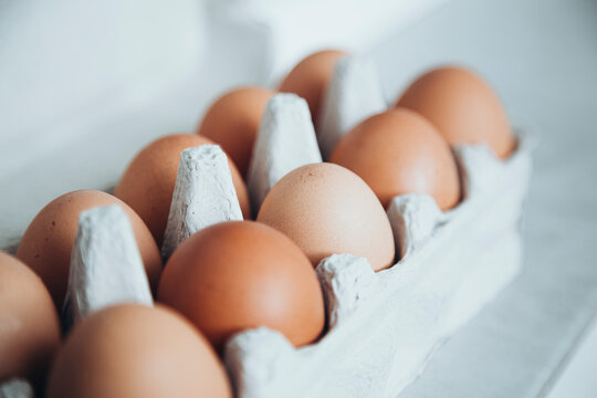 Fresh brown eggs in a cardboard carton on a white background