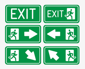 Evacuation Emergency Exit Sign Set on a Green Background Include of Running Man and Arrow Direction Information. Vector illustration