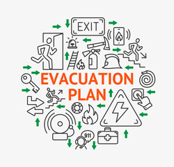 Fire Emergency Evacuation Plan Concept Round Design Template Thin Line Icon Banner. Vector illustration of Exit Route