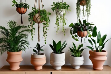 Fototapeta premium Dangling House Plants in Unique Stoneware Planters for a Lively Home Decor