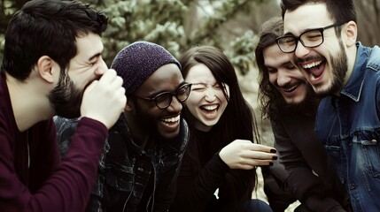 Obraz premium A group of friends laugh together in the park, enjoying each other's company.