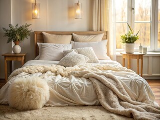a photo image of a cozy bed with a soft-focused background, featuring a fluffy comforter with textured ridges in a soothing cream color, slightly rumpled and invitingly tossed over a bed frame.
