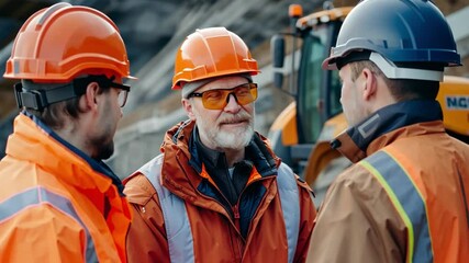 An engineering manager and project consultant discussing project details with the foreman, while standing near construction equipment, all in safety gear.