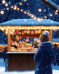Fototapeta premium A winter market scene with festive lights and a cozy atmosphere, perfect for holiday-themed projects.