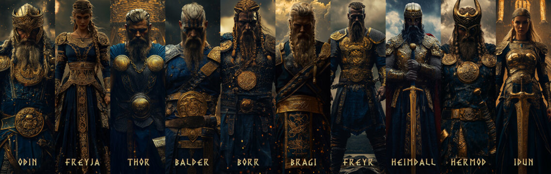 Norse nordic mythology Gods and Goddesses. Odin, Freyja, Thor, Borr, Balder, Freyr, Bragi, Idun, Hrmod, Heimdall.