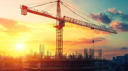 Obraz premium Construction Crane Silhouette at Sunset