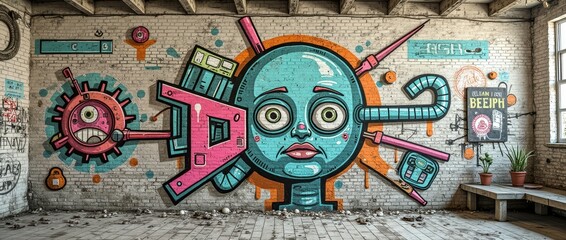 Colorful graffiti of a stylized robotic face with various mechanical elements on a brick wall inside an abandoned room.