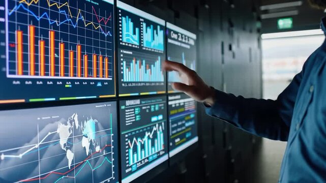 A tech startup team conducting a market research session with charts and data.