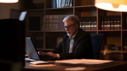 Fototapeta premium A mature man in a suit works on his laptop in a dimly lit office.