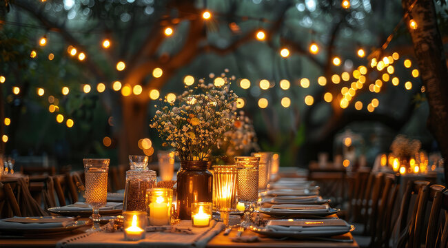 Wedding table setting decor, glowing light bulbs string lights on trees, backyard wedding decor, rustic muted brown gold bronze colors. Generative AI.