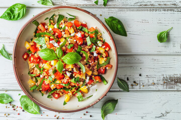 close up horizontal image of a colorful vegan dish on a wooden table, view from above, copy space