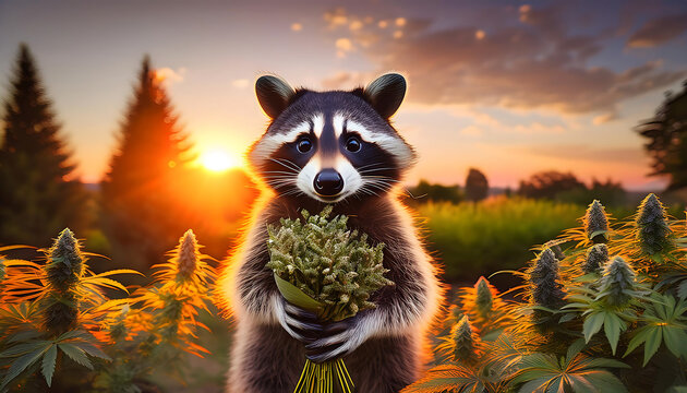  Adorable Raccoon Holding a Cannabis Bouquet in a Whimsical Garden at Sunset- A charming rac_1(25)