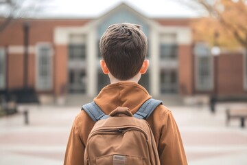Fototapeta premium A young boy wearing a backpack is walking towards the entrance of his school