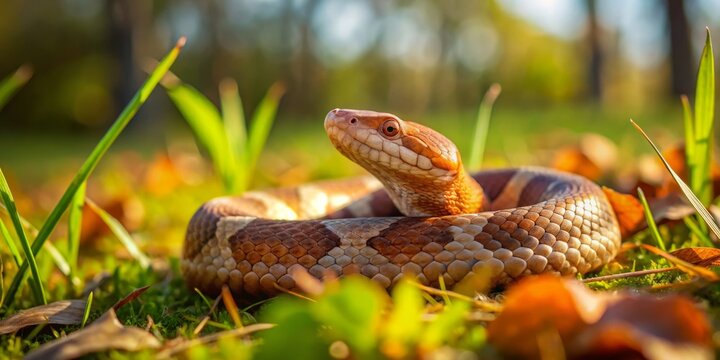 A photo image of a juvenile copperhead snake slithering through a bed of grass and leaves in a warm sunny meadow