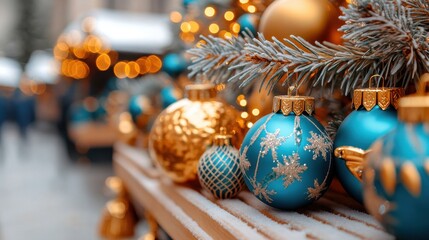 Vibrant blue and gold ornaments adorn a festive Christmas tree, capturing the joyful spirit of the holiday season.