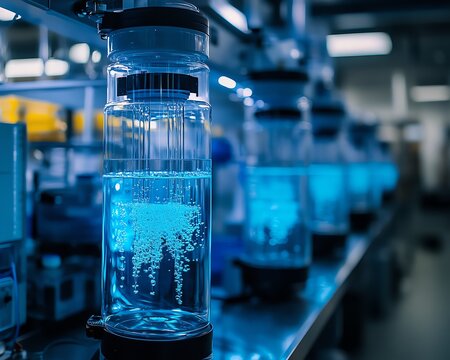 Visualize a modern lab where scientists celebrate the reduction of forever chemicals and PFAS in humans