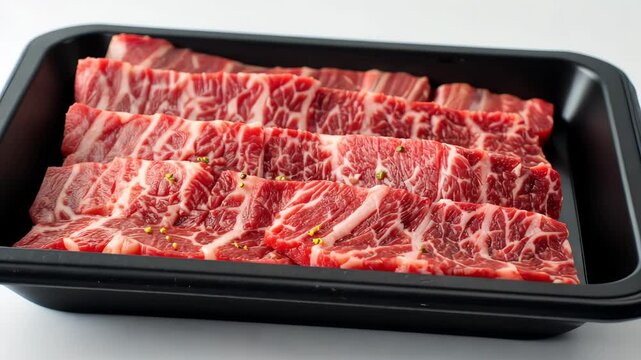 Raw beef slices in black tray on white background, fresh meat presentation concept