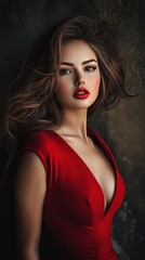 Fototapeta premium An undeniably attractive woman showcases her vibrant beauty while wearing a deep red dress, exuding confidence in a moody setting