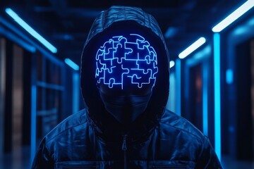 Neuroeconomics Neuroethics Futuristic depiction of a hooded figure with a glowing brain puzzle symbolizing the mysteries of the mind the complexity of thought or enigmatic nature of intelligence